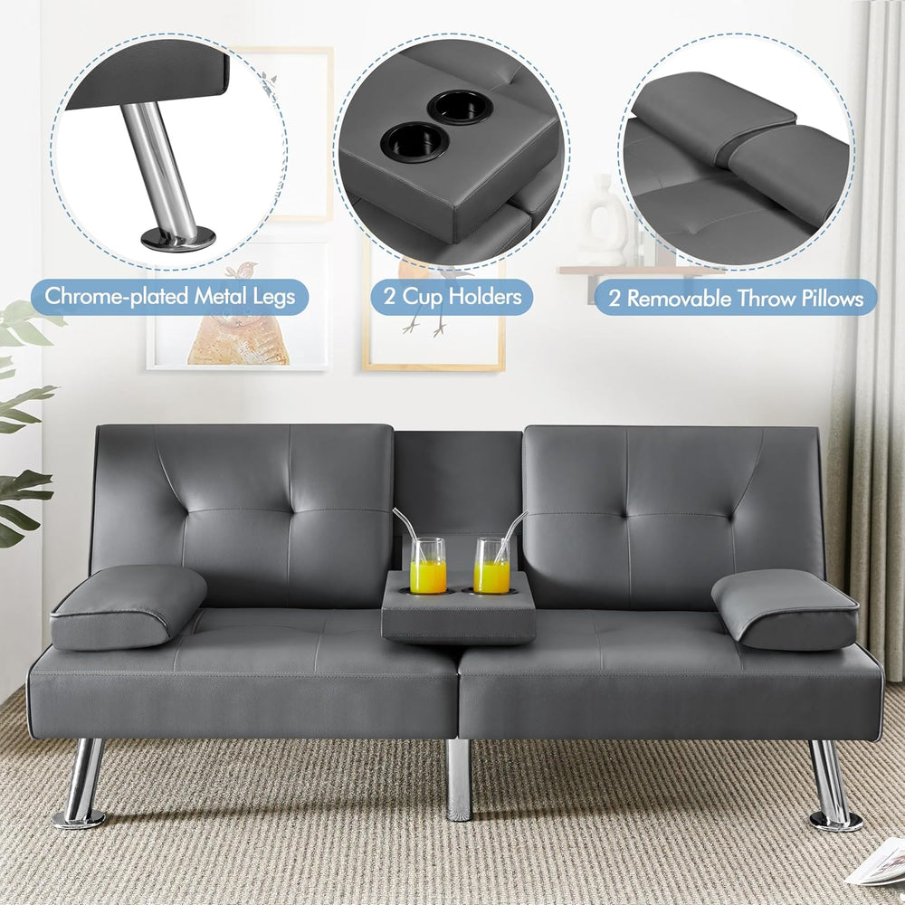Yaheetech Convertible Futon Sofa Bed Loveseat with Cup Holder, Gray | 3 Angle...