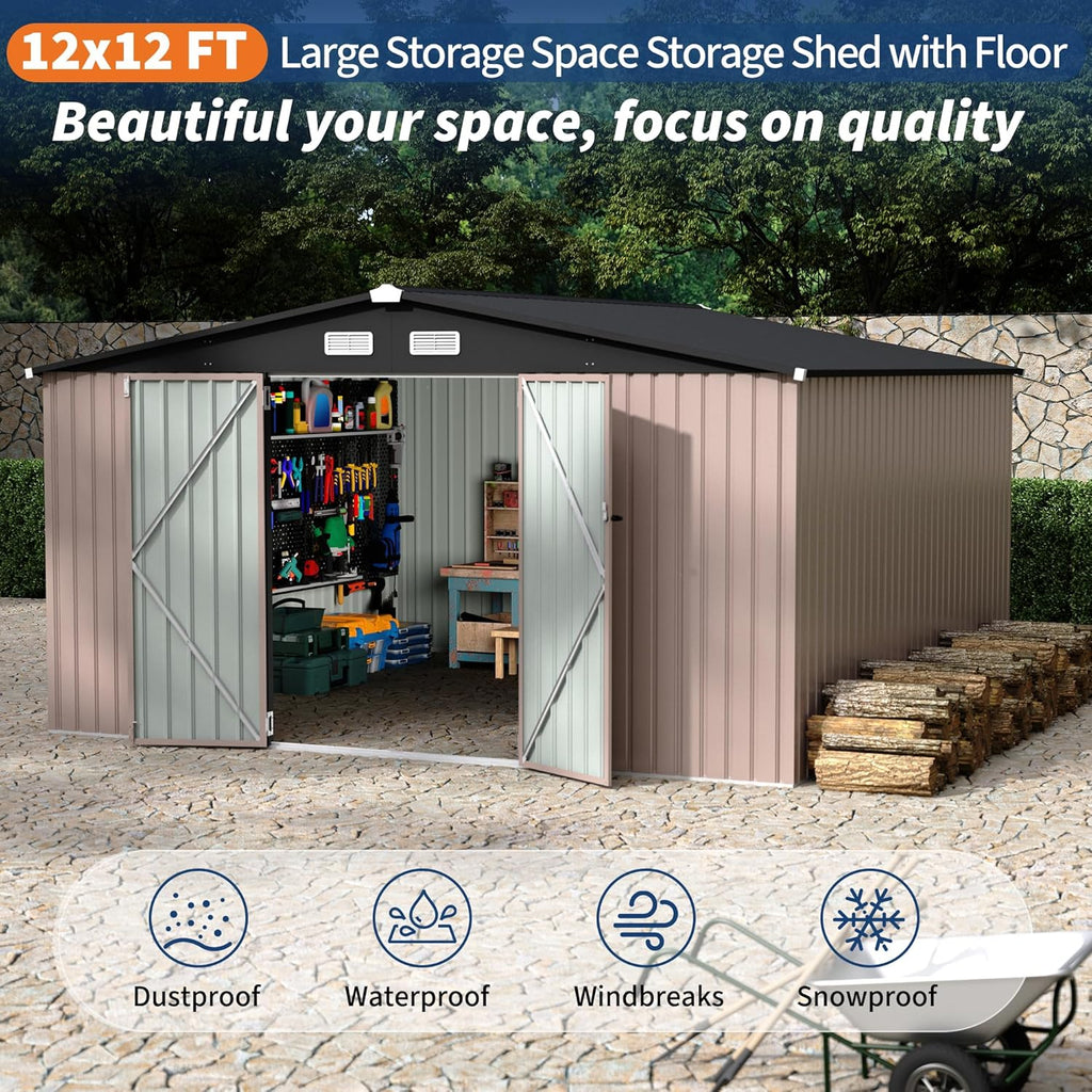 12x12 FT Metal Storage Sheds Outdoor, Metal ToolShed with Lockable Door, Metals Yard Sheds Metals Garden Shed Kit, MetalUtility Sheds Buildings with Air Vent for Backyard Garden Patio Lawn