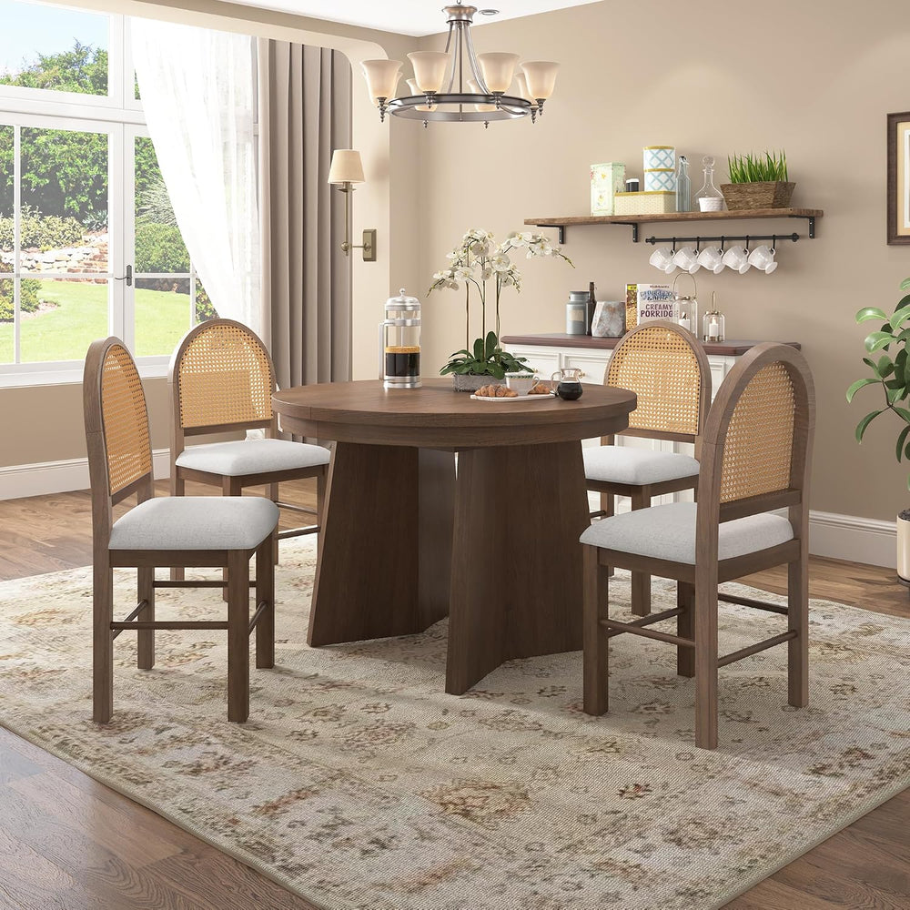 Merax 5-Piece Round Dining Table Set for 4, Extendable Kitchen Table Set with...