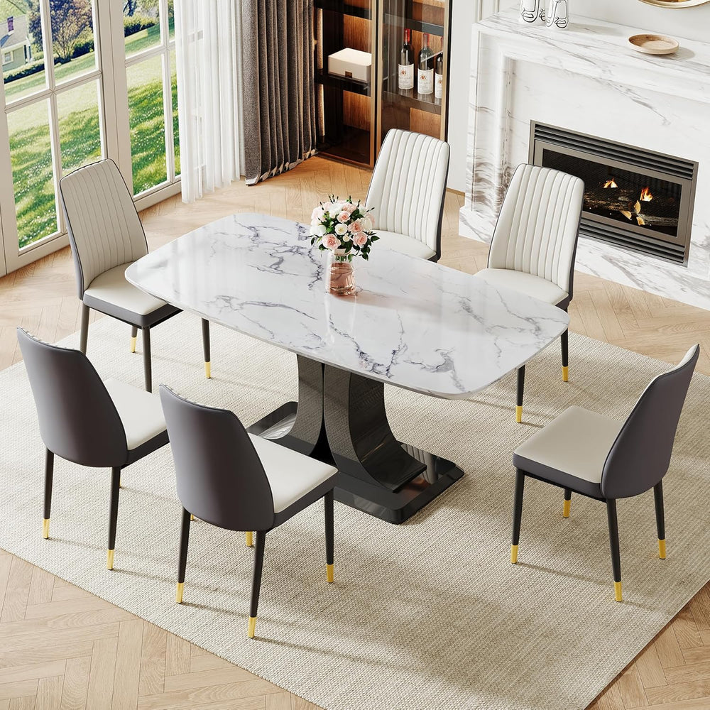 Modern Dining Table Set for 6, Marble Kitchen Table Chair Set for 6, Rectangu...