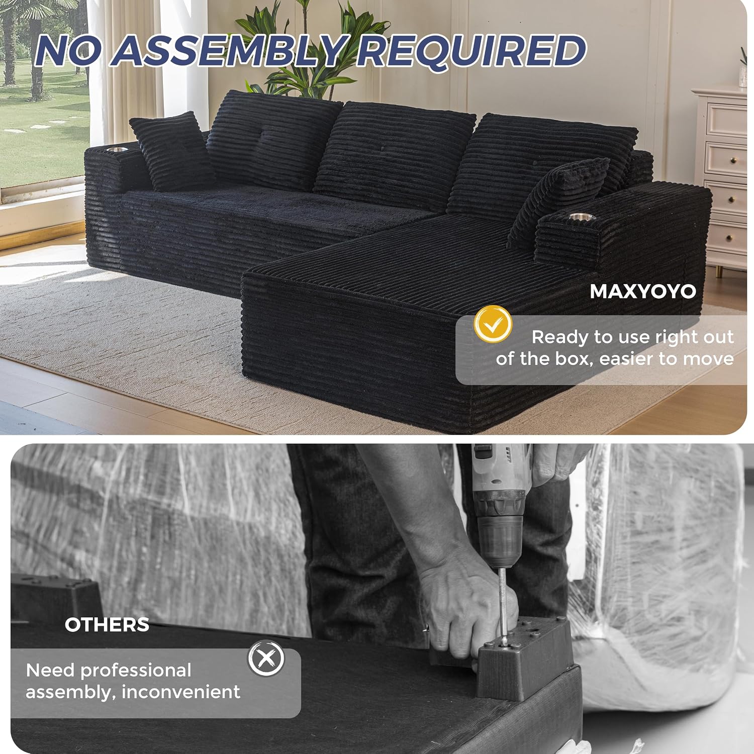 MAXYOYO Boneless Couch, 104-Inch L-Shape Sectional Sofa, Right-Facing Chaise
