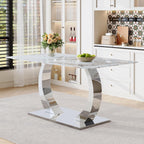 Knocbel 63" Glass Dining Table for 6-8, Kitchen Table with Faux Marble Tabletop and Stainless Steel C-Shaped Pedestal Base, Modern Rectangular Dinner for Apartment Home, Silver & Printed Glass