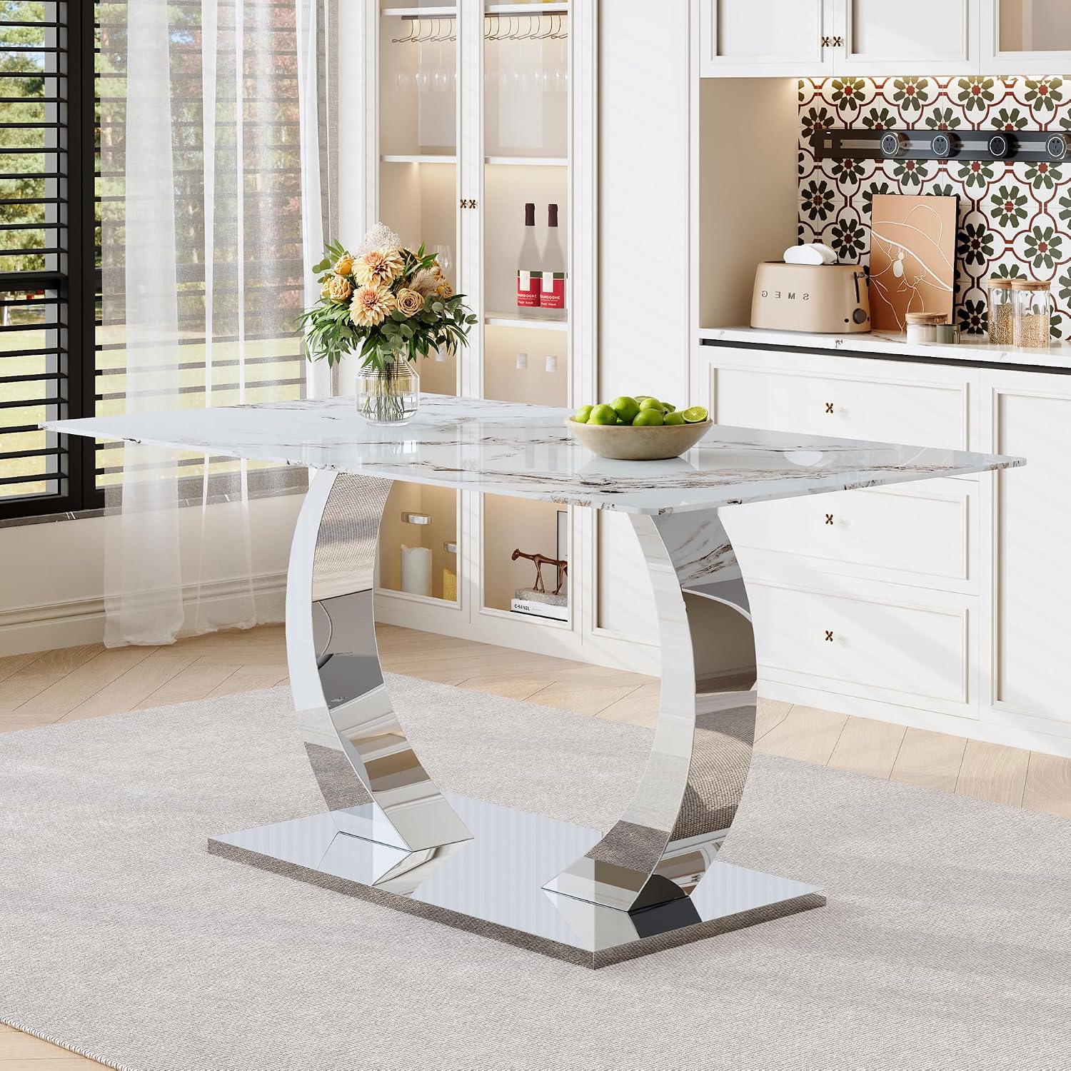 Knocbel 63" Glass Dining Table for 6-8, Kitchen Table with Faux Marble Tabletop and Stainless Steel C-Shaped Pedestal Base, Modern Rectangular Dinner for Apartment Home, Silver & Printed Glass