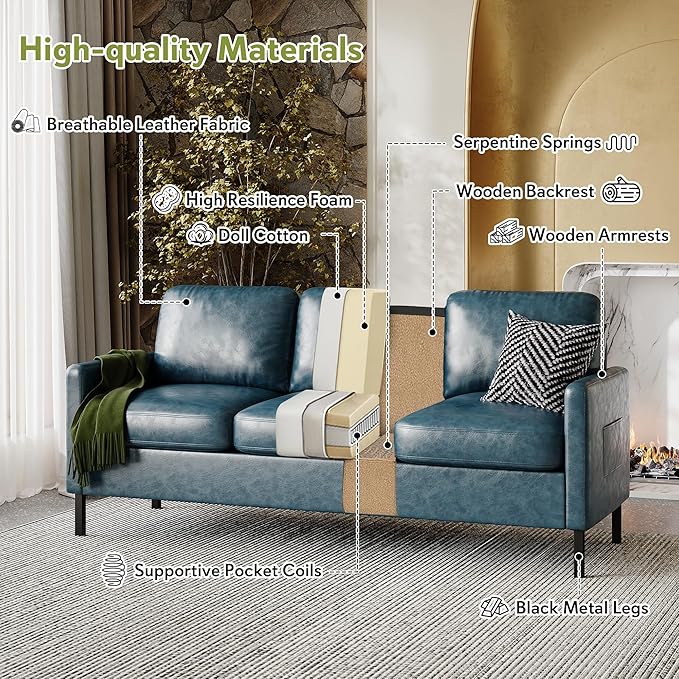 STHOUYN 73" W Faux Leather Couch w/ 2 USB, Leather Sofa w/Side Pockets, Wooden Frame 3 Seat Couch for Livingroom, Office, Apartment (Blue, 3 Seater)