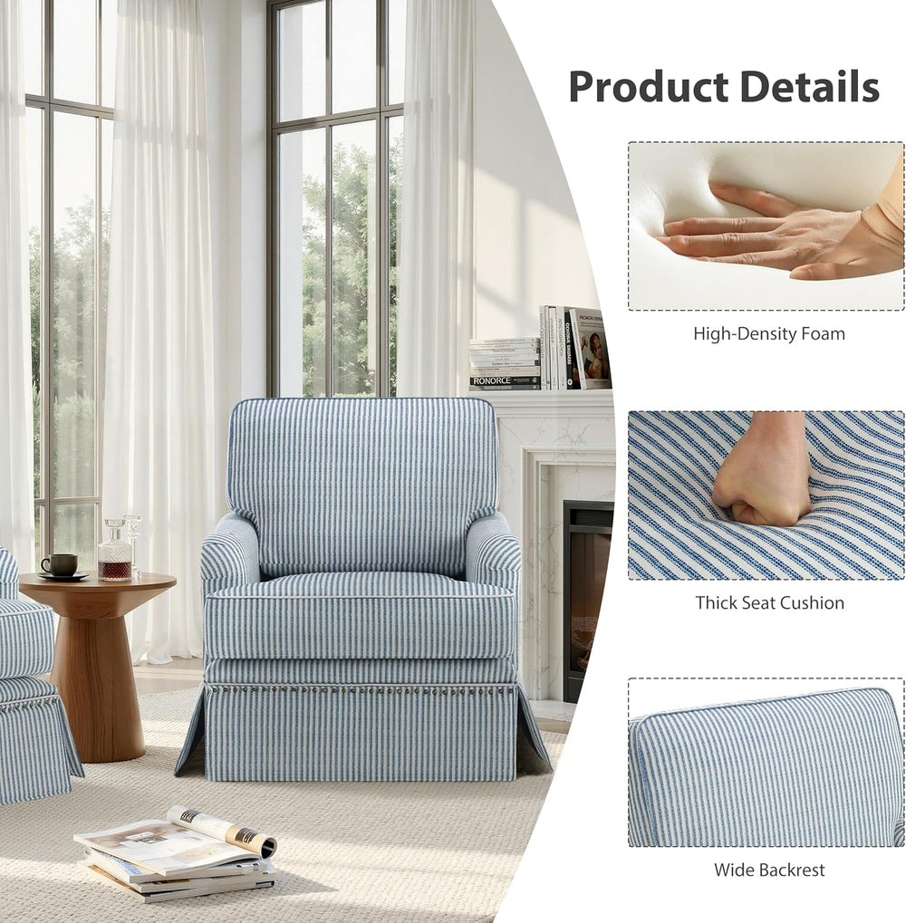 Swivel Accent Chair with Ottoman, Pinstripe Blue
