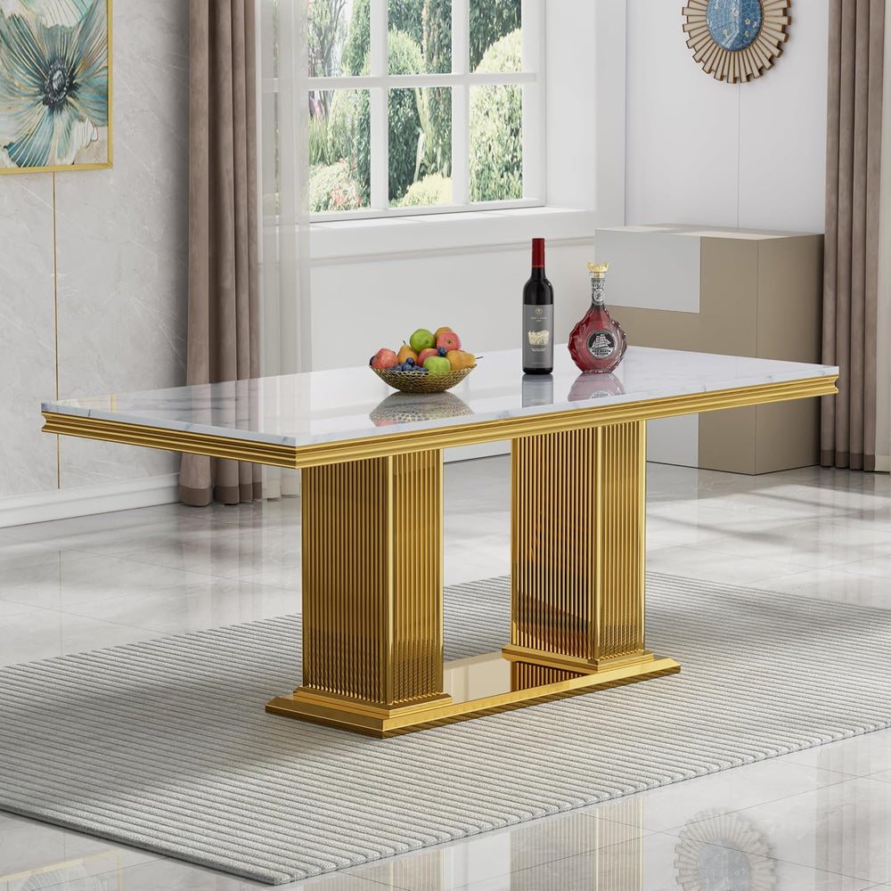 68 in Faux Marble Dining Table for 4-6, White Marble Dining Table with Gold S...