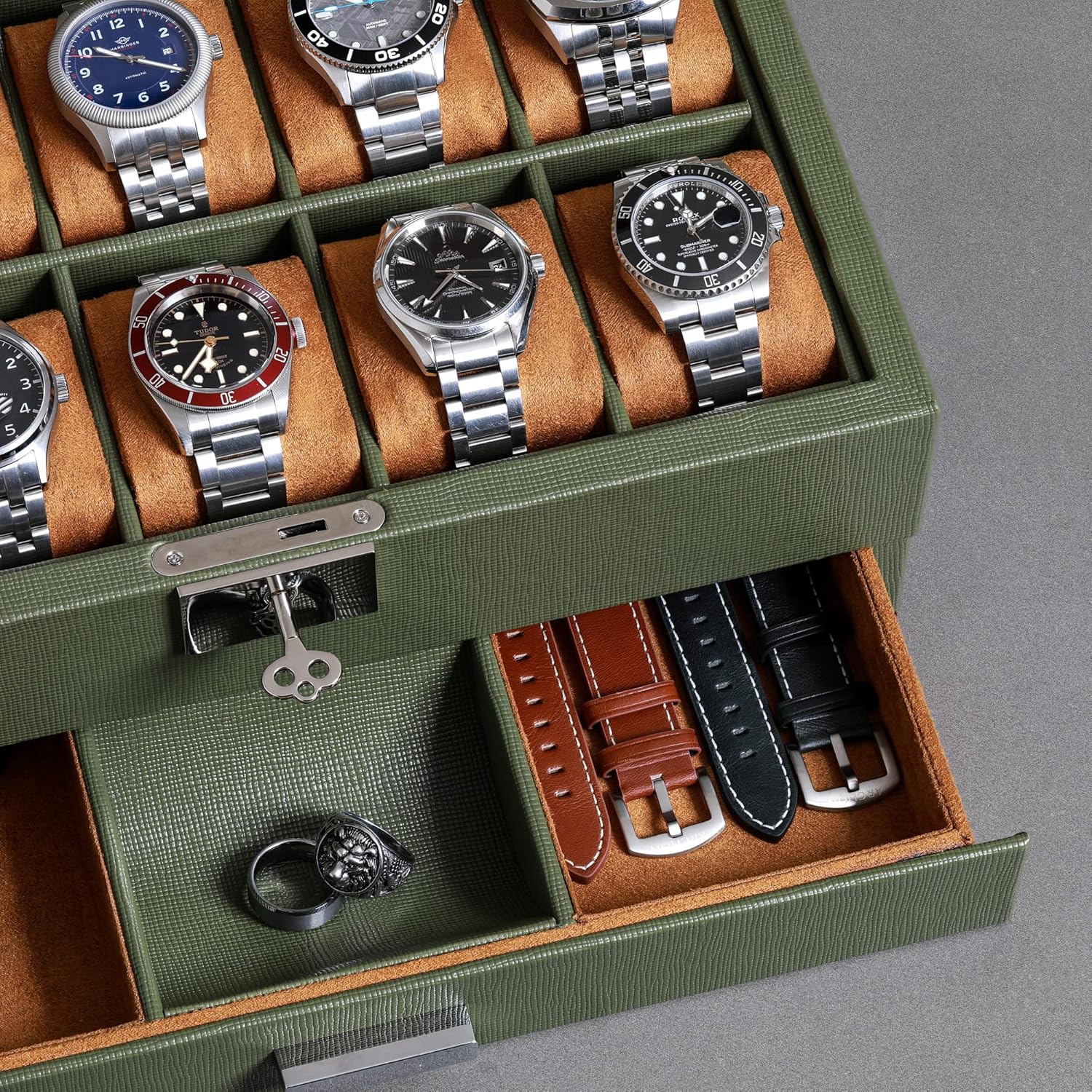 ROTHWELL 10-Slot Watch Box in Leather with Valet Drawer, Luxury Watch Case Display Organizer with Ultra Soft Microsuede Liner, Jewelry and Sunglass Holder With Large Glass top (Green/Tan)