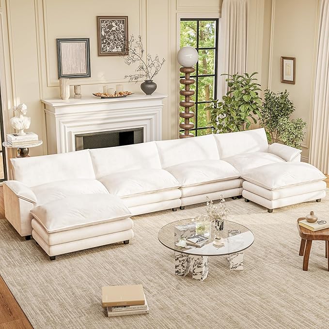 Furniwell 159" Modern Couches Sectional Sofa with Movable Ottoman, U Shaped Sofa Couch with Comfy Chenille and Deep Seat, 4-Seat Cloud Couch for Living Room, Bedroom and Apartment