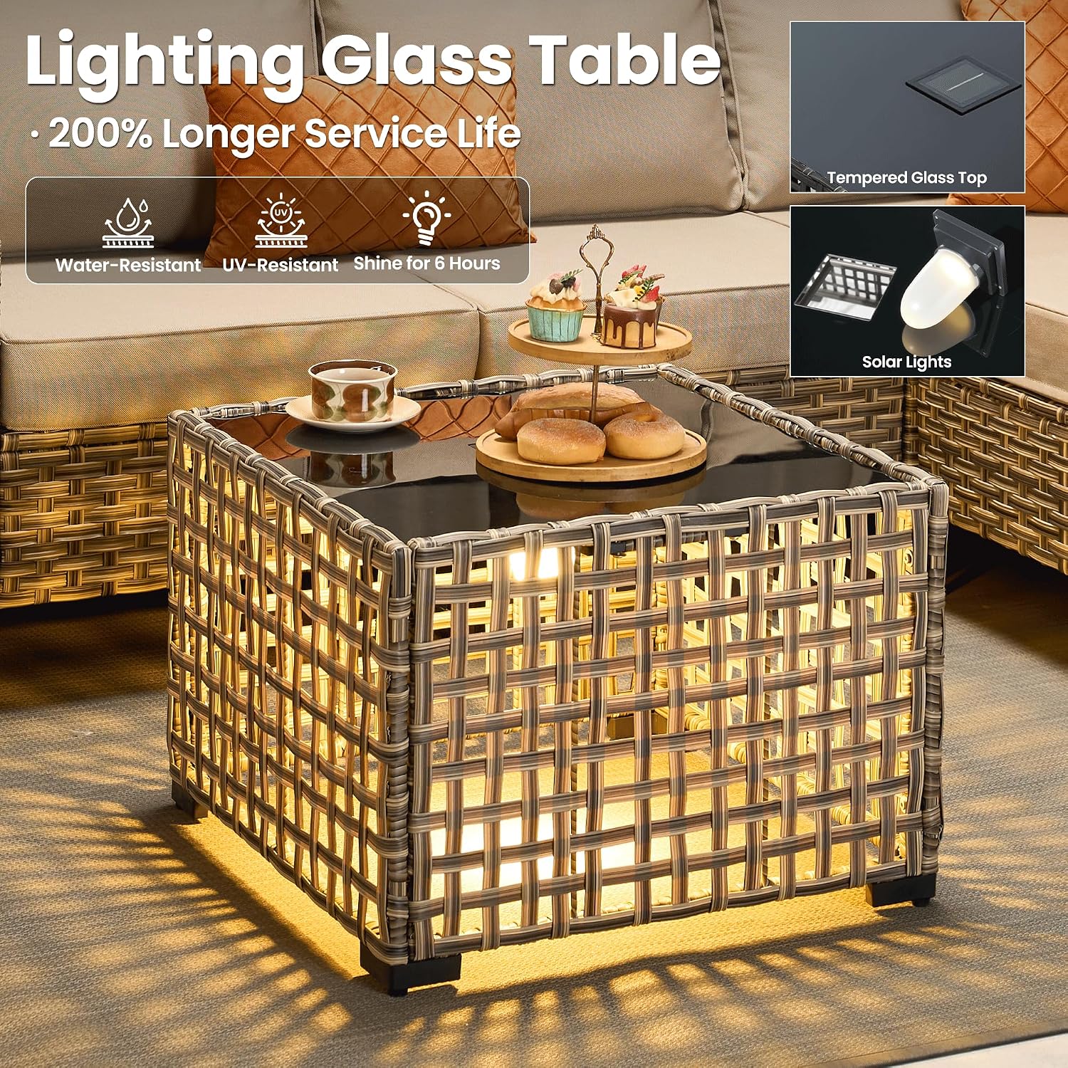 ovios Outdoor Side Table with Tempered Glass Top, Patio Wicker Solar Table, Rattan Bistro End Table for Porch Deck Balcony Garden Poolside, Mixed Brown