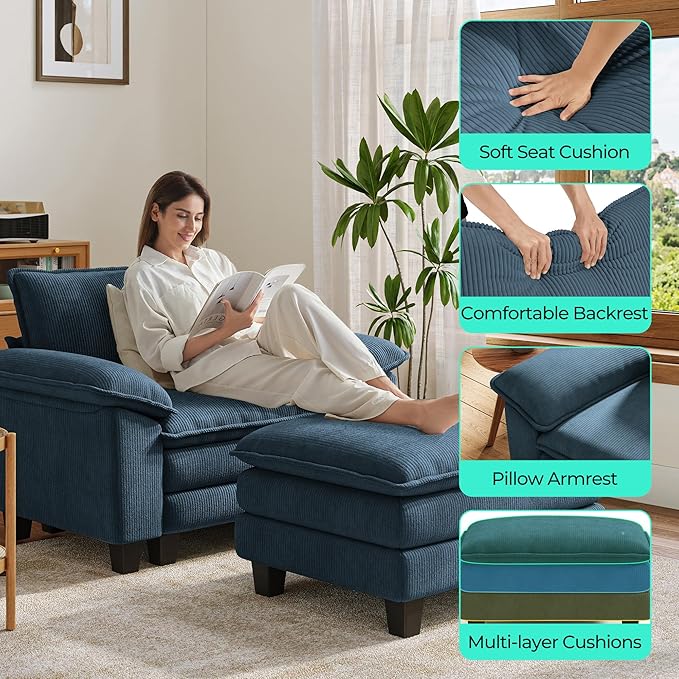 LINSY HOME Cloud Sofa Accent Chair with Ottoman Chaise Lounge Chair Indoor, Corduroy Couch Sofa Chair for Living Room Apartment Bedroom Office, Blue