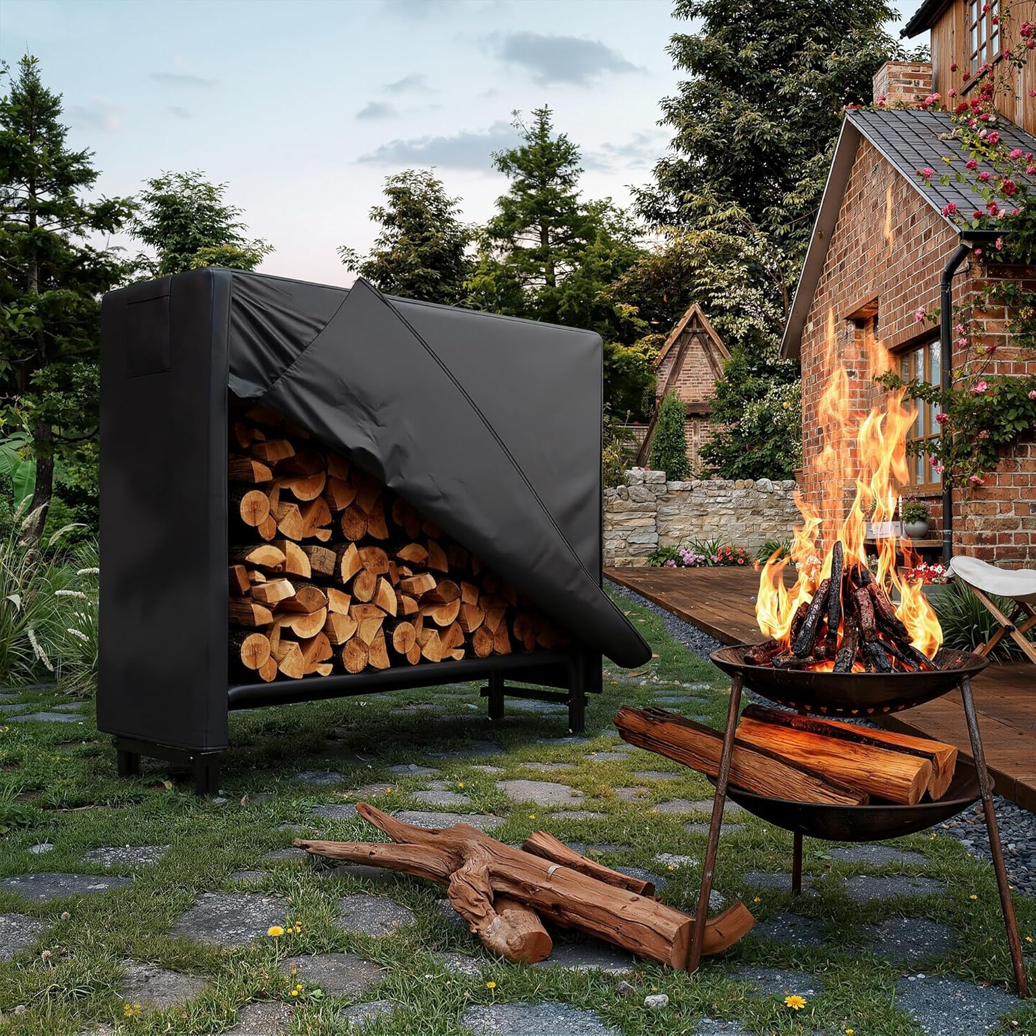 4FT Firewood Rack with Cover, Holders Firewood Outdoor Log Rack with Zipper, 4FT Heavy Duty Indoor Firewoods Storage Log Racks, Black Waterproof Oxford Fabric