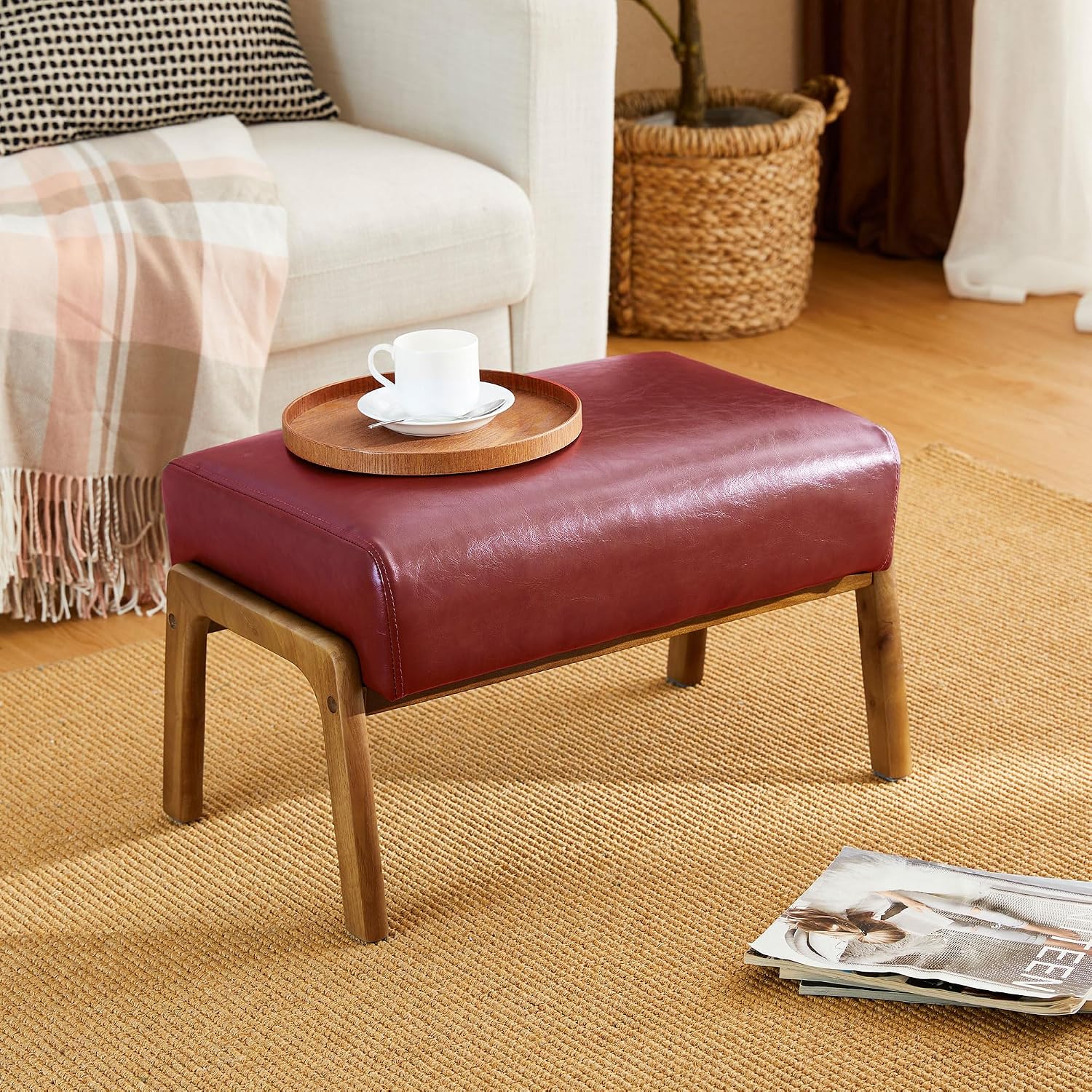 Glitzhome Foot Stool Ottoman, Modern Leatherette Sofa Stool Vanity Chair with Rubber Wood Frame, Footrest Ottoman Bench for Living Room, Entryway, Wine Red