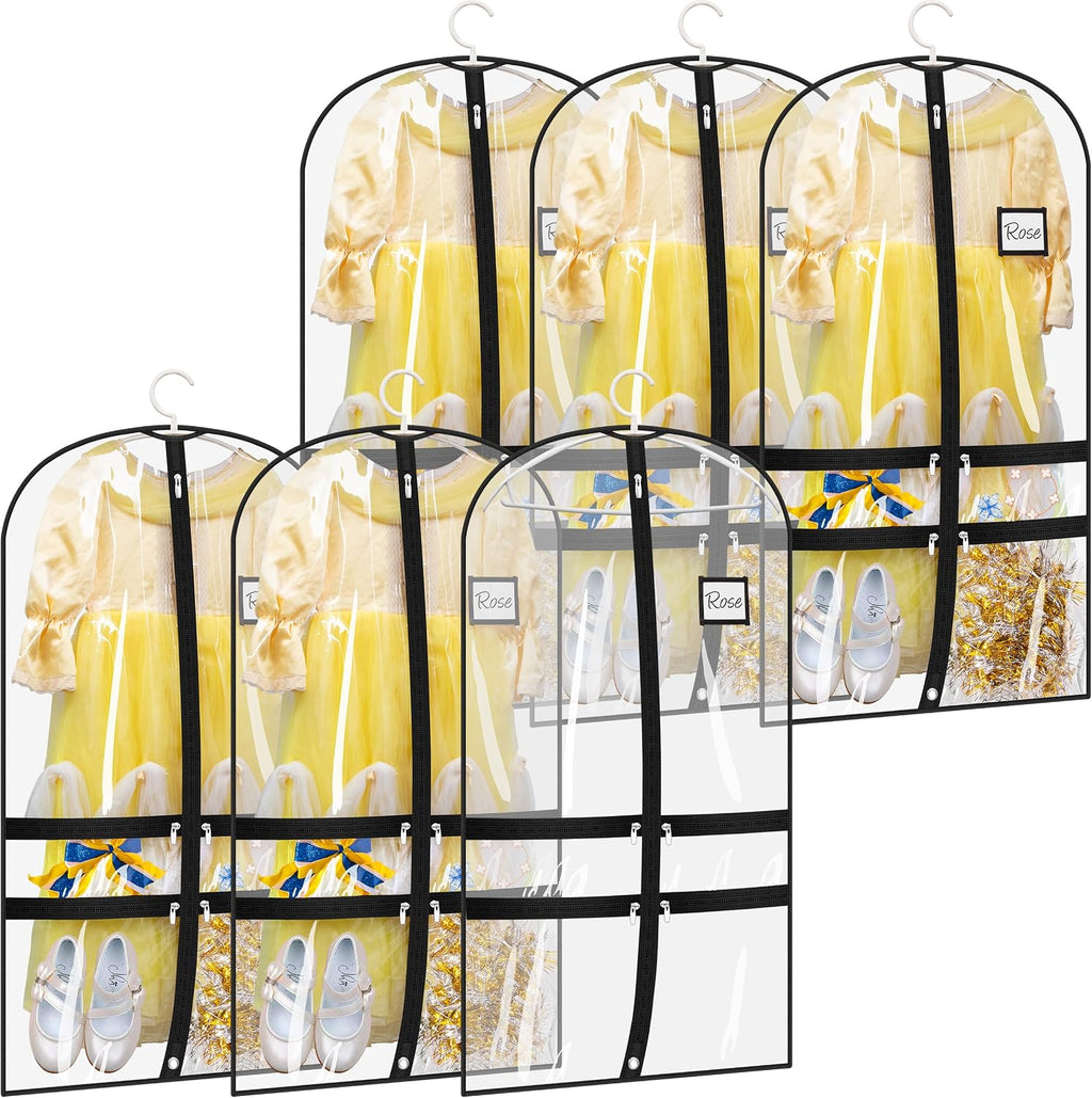 SLEEPING LAMB 6 Packs Clear Dance Garment Bags for Dancers with 4 Pockets, 40" Kids Dance Costume Garment Bag for Travel and Dance Competition, Hanging Clothes Storage for Dress, Uniform, Black