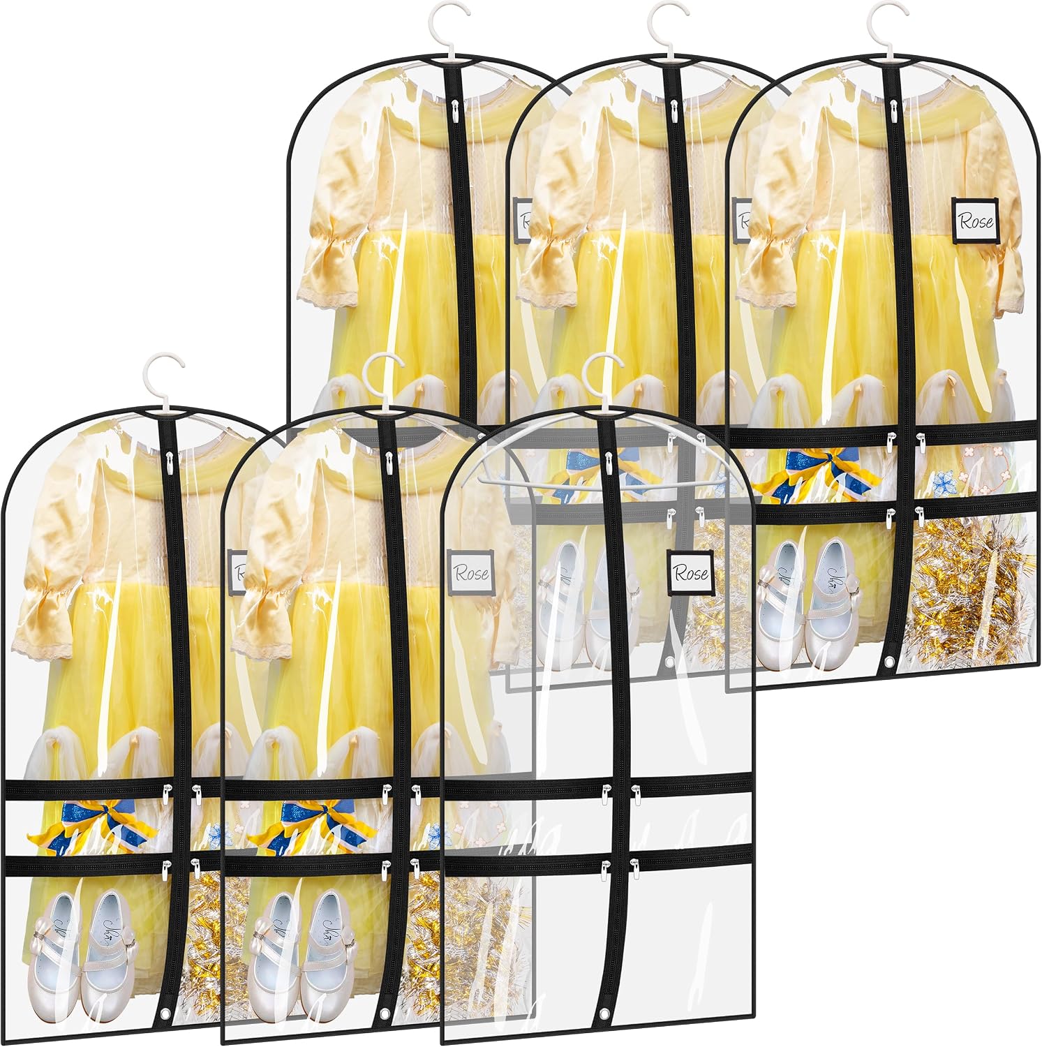 SLEEPING LAMB 6 Packs Clear Dance Garment Bags for Dancers with 4 Pockets, 40" Kids Dance Costume Garment Bag for Travel and Dance Competition, Hanging Clothes Storage for Dress, Uniform, Black
