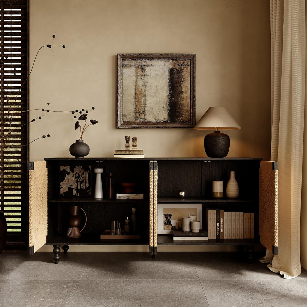 Handwoven Seagrass Doors Sideboard, 59 Inch Boho TV Stand Media Console Buffe...