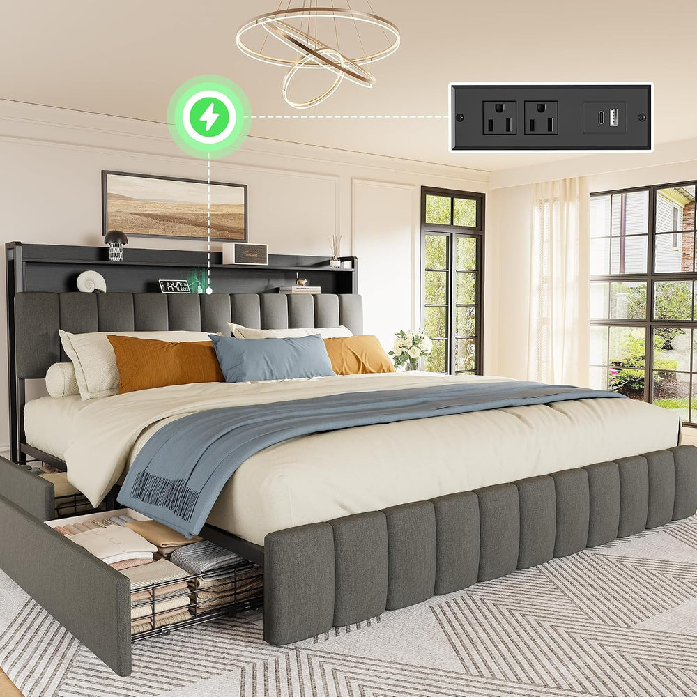 Bed Frame King Size with Upholstered Headboard & Charging Station, King B...