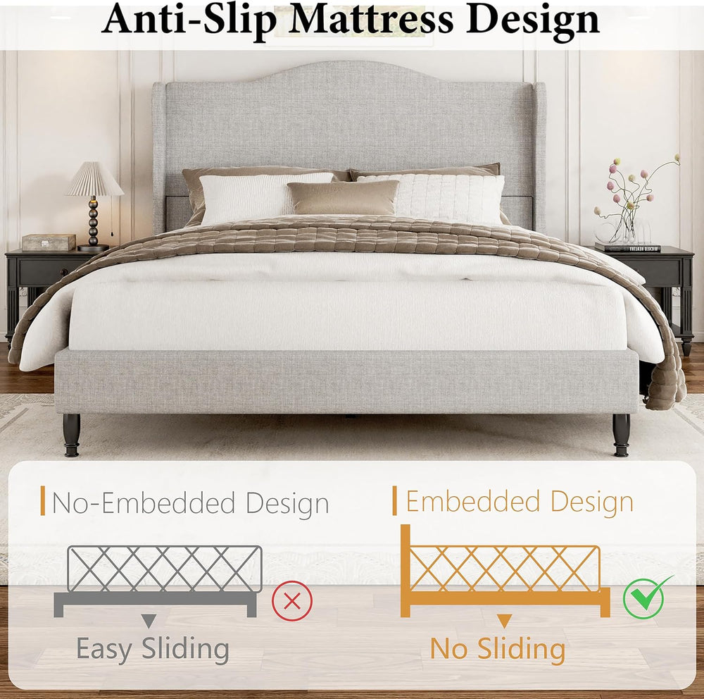Tall Headboard Queen Bed Frame, Beige
