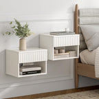 Fluted Floating Nightstand Set of 2 with Drawer, Modern Night Stand with Fluted Door and Open Storage Shelf Wall Mounted Bedside Table for Bedroom, Entryway White