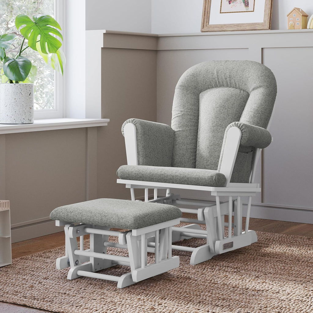 Child Craft Cozy Glider Rocker and Ottoman Set, Smooth Quiet Gliding Motion, Padded Cushion with Convenient Storage Pockets, Solid Wood Base & Frame (Matte White with Gray Cushion)