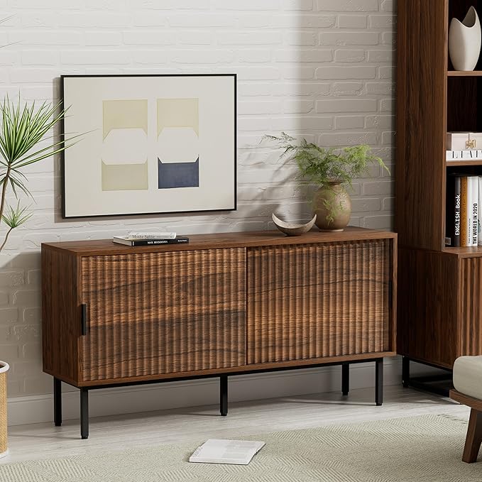 Fluted Tv Stand with Sliding Doors, 47" Mid Century Storage Cabinet with Adjustable Shelf, Wooden Media TV Console Entertainment Center for Living Room, Brown