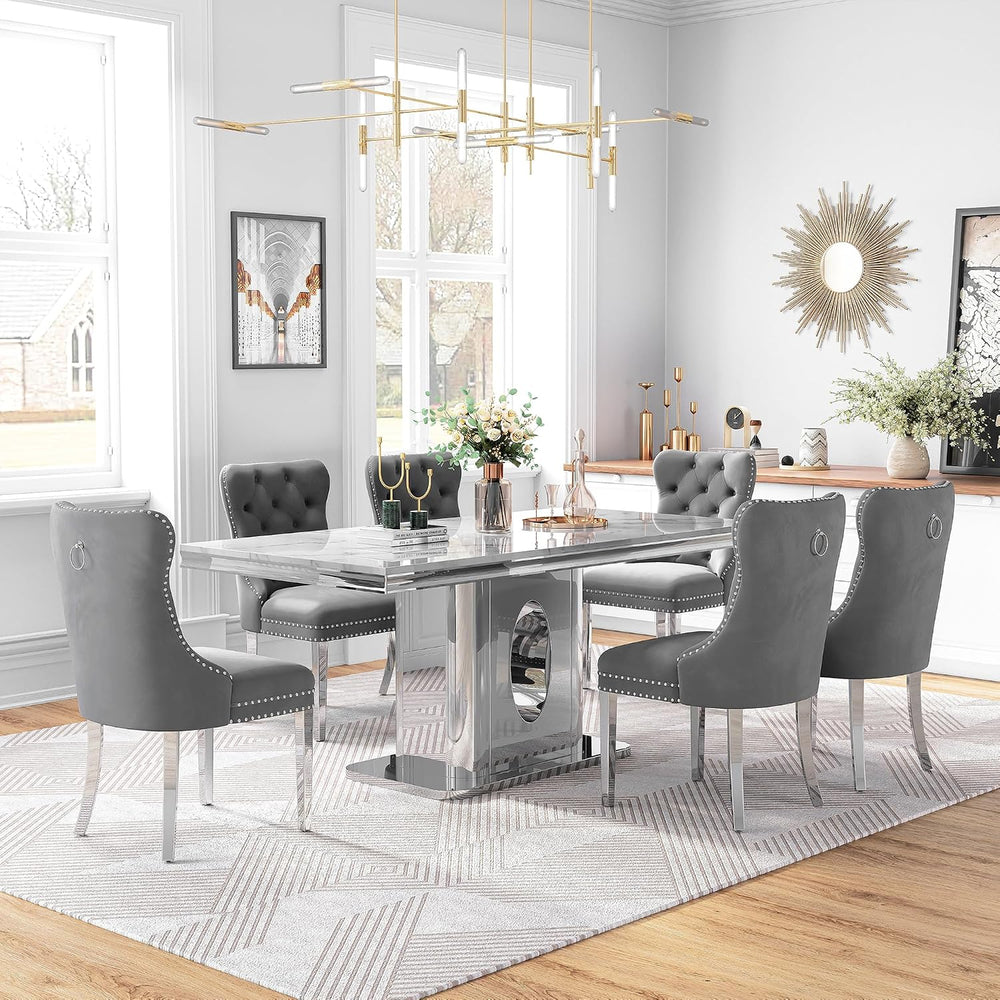AF ARTISAN FURNITURE 7 Piece White Marble Dining Table, 70'' Rectangl...