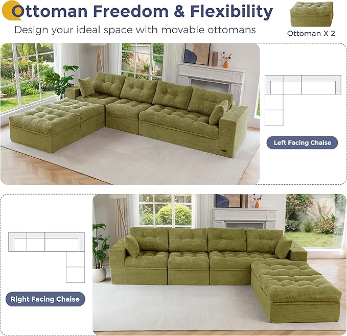 MAXYOYO 132" U Shaped Modular Sectional Sofa with 2 Ottomans, Cloud Boneless Couch with Layered Cushion, Flexible Module Combination Sofa for Living Room, No Assembly Required, Green