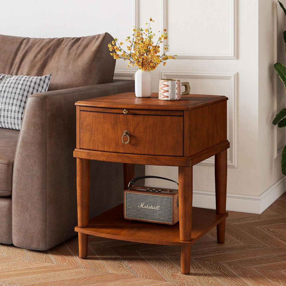 2 Tier Solid Wood Square End Table with Drawer, Wooden Sofa Side Table with P...