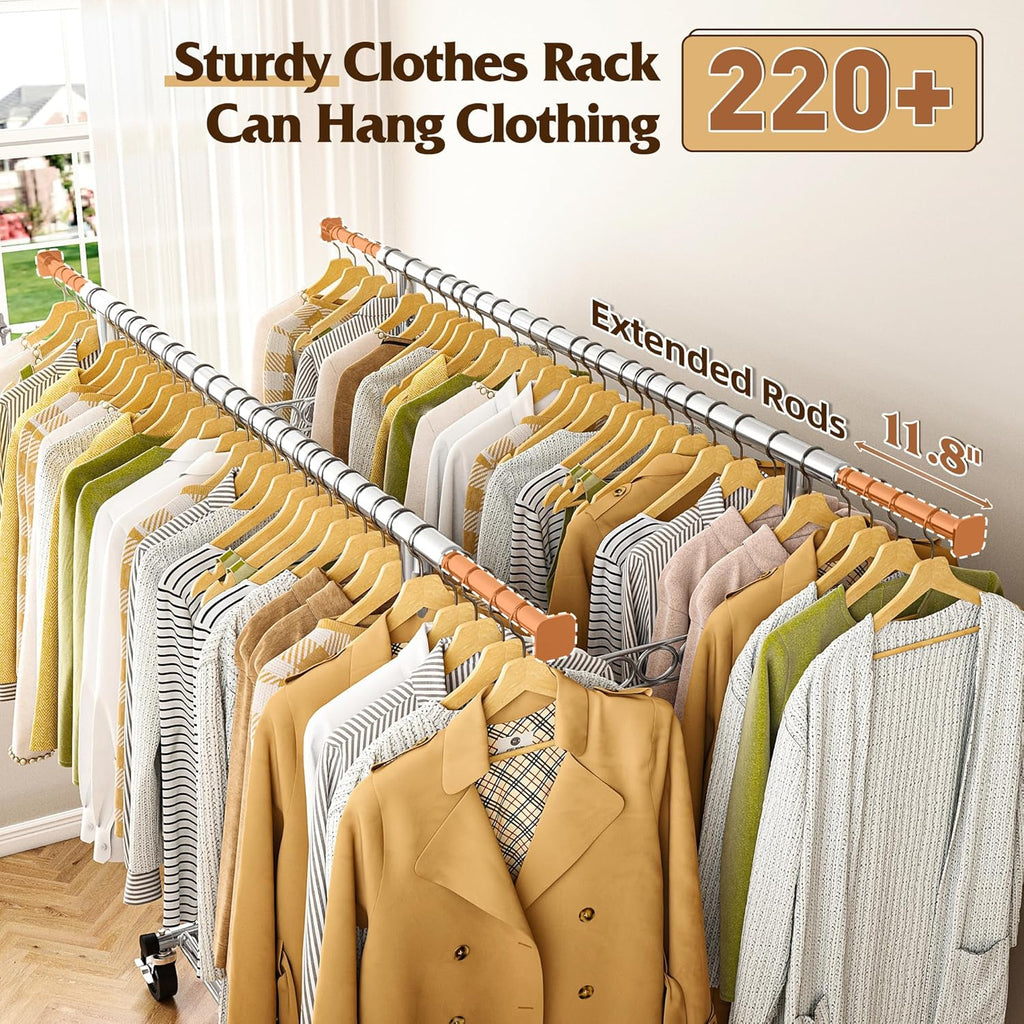 Raybee Clothes Rack Load 630LBS, Heavy Duty Clothes Rack, Rolling Clothing Racks for Hanging Clothes with Wheels, Adjustable & Commercial Garment Rack, 22" D x 75" W x 68" H