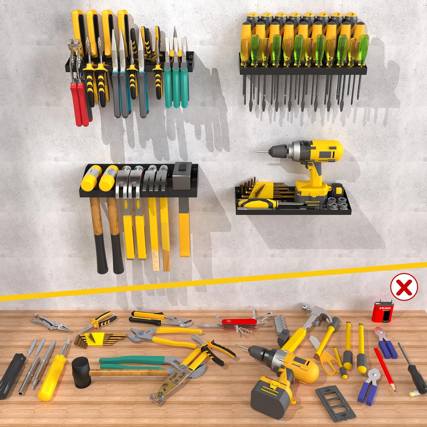 UNITEDPOWER Wall Mount Hand Tool Storage Set, Screwdriver Organizer, Pliers Holder, Hammer Rack, Metal Hardware Tray for Garage Workshop Workbench - 4 Pack