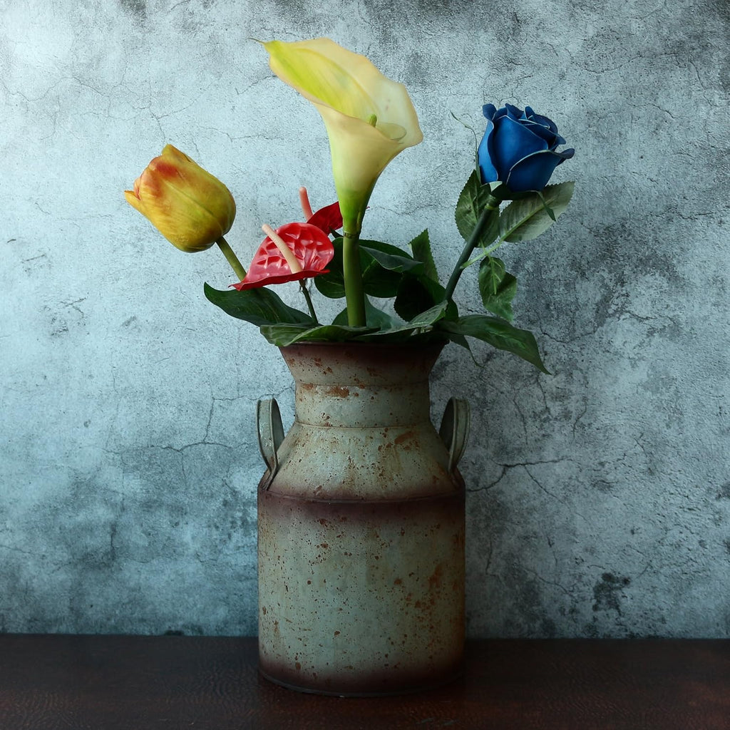 CVHOMEDECO. Farmhouse Galvanized Metal Milk Can, Old Rustic Primitives Jug Vase for Home and Garden Décor. Grey