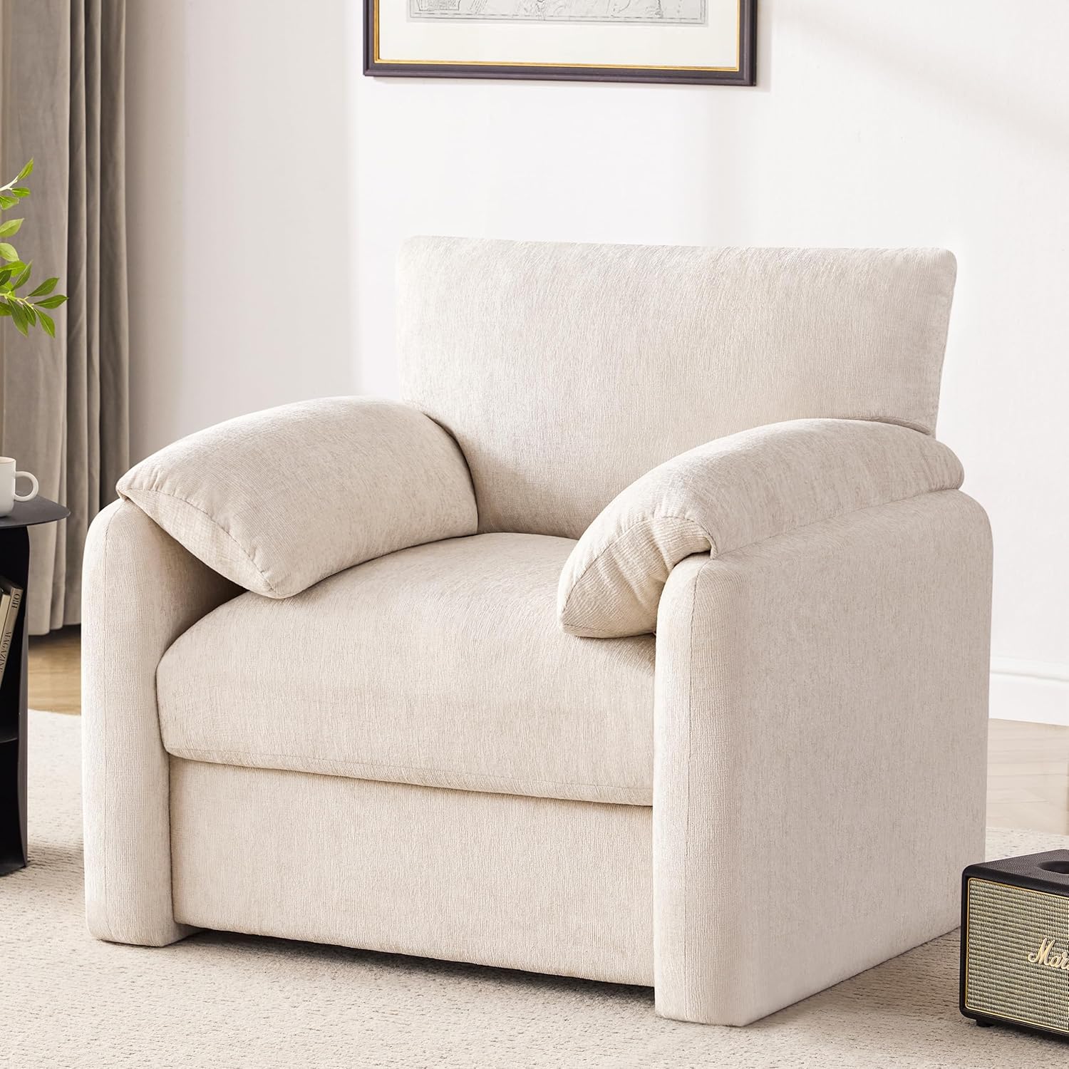 Howjoe Chenille Oversized Armchair, 38.6" Wide Accent Chairs for Living Room & Bedroom Modern Lounge Chair, Upholstered Mid-Century Reading Chair, Comfy Living Room Chair, Single Sofa Chair, Beige