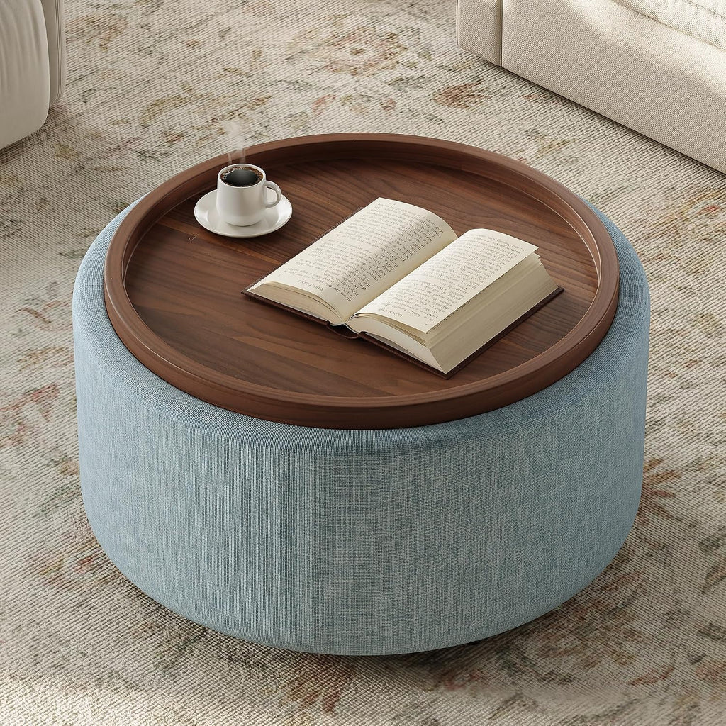Round Storage Ottoman Coffee Table with Walnut Tray, 30'' Round Ottoman with Storage, Modern Upholstered Coffee Table with with 4 Casters for Living Room, Linen Fabric, Light Blue