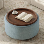 Round Storage Ottoman Coffee Table with Walnut Tray, 30'' Round Ottoman with Storage, Modern Upholstered Coffee Table with with 4 Casters for Living Room, Linen Fabric, Light Blue