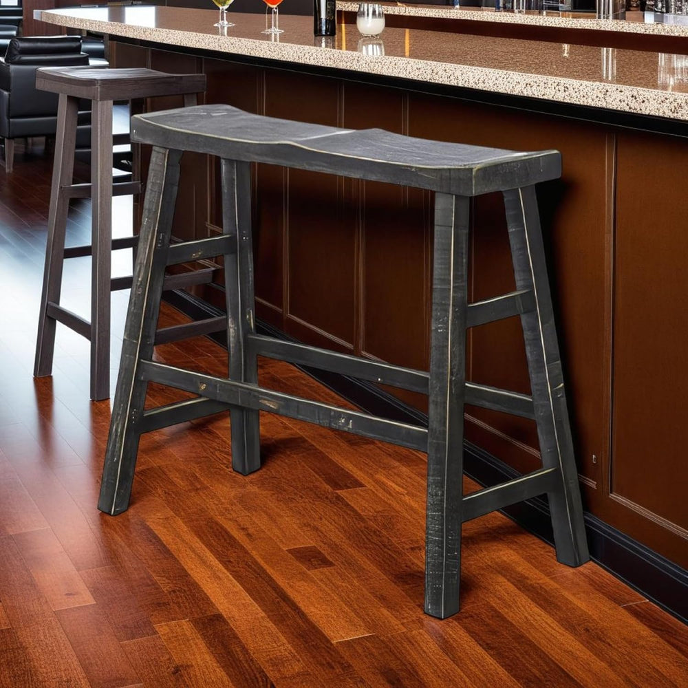 Benzara Rena Bar Height Bench- Trestle Legs with Footrests- Mahogany Wood