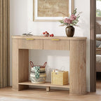 YITAHOME 47.2" Farmhouse Console Table for Entryway, Entry Hallway Foyer Table with 2 Drawers and Storage Shelf, Large Sofa Behind Couch Fluted Oval Desk for Hallway Living Room, Oak Color