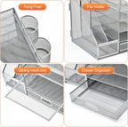 Marbrasse Desk Organizer with File Holder, 5-Tier Paper Letter Tray Organizer with Drawer and 2 Pen Holder, Mesh Desktop Organizer and Storage with Magazine Holder for Office Supplies (Silver)