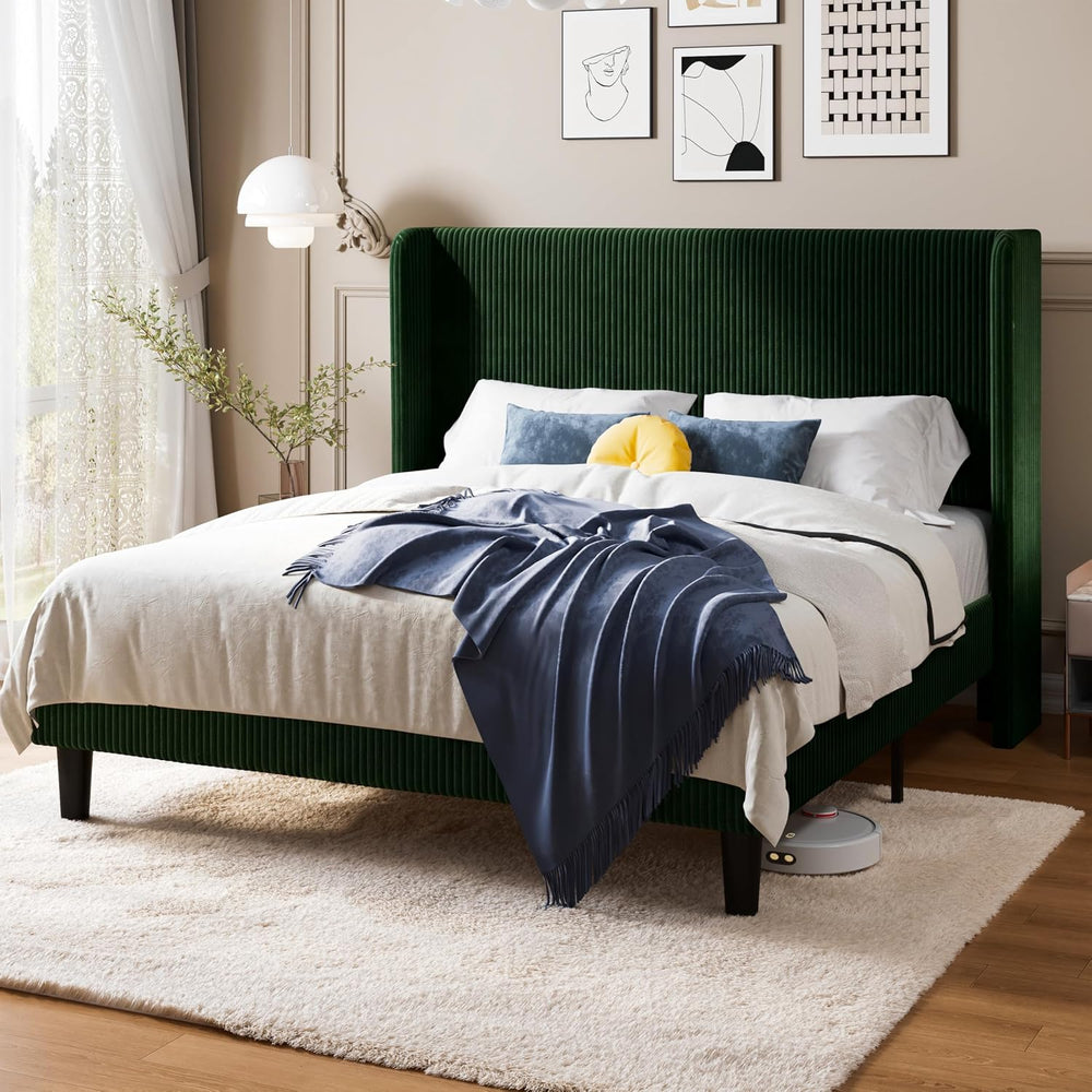 Allewie Full Size Platform Bed with Corduroy Wingback Headboard, Green
