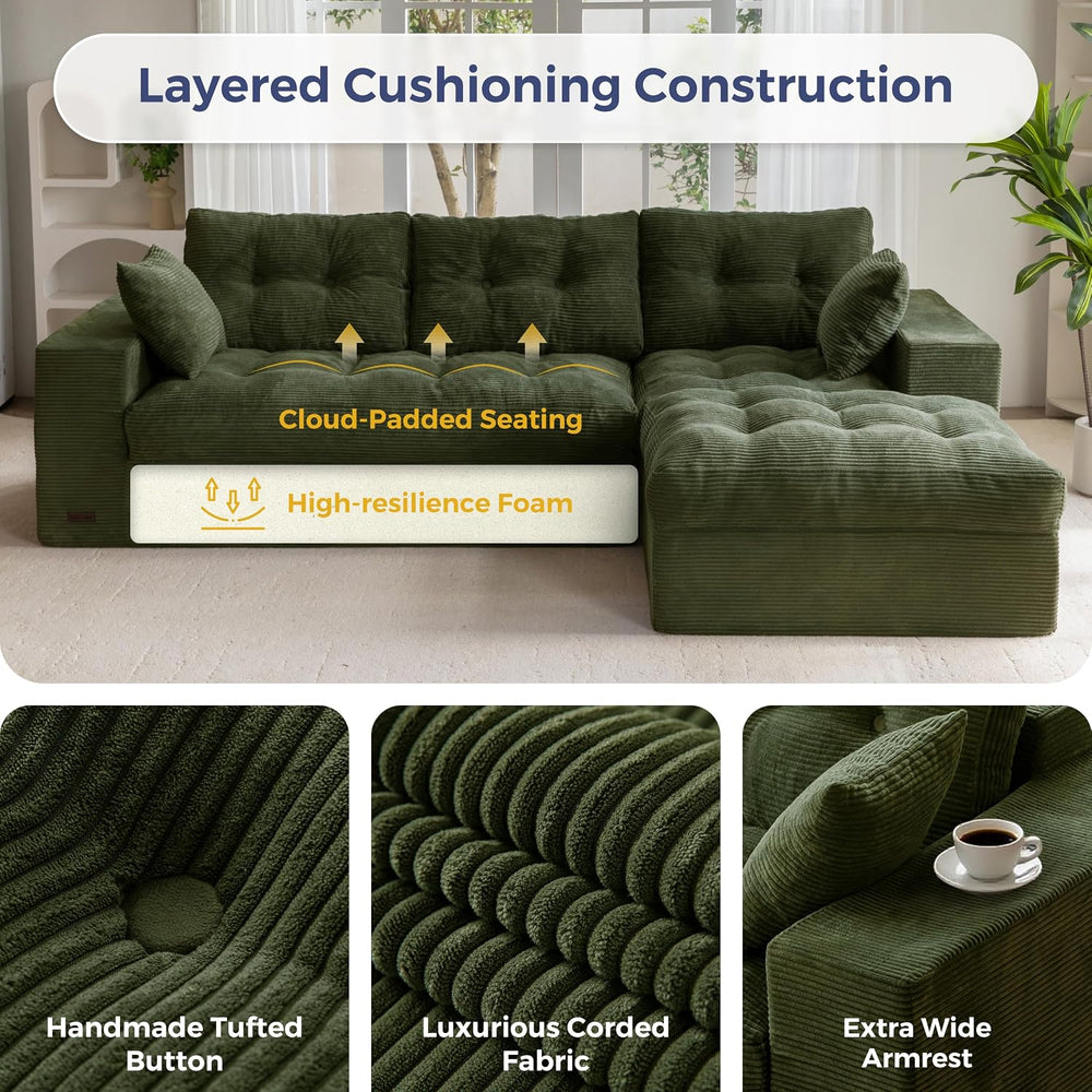 MAXYOYO Couch, 104-Inch L-Shaped Cloud Couch with Ottoman | Dark Green Uphols...