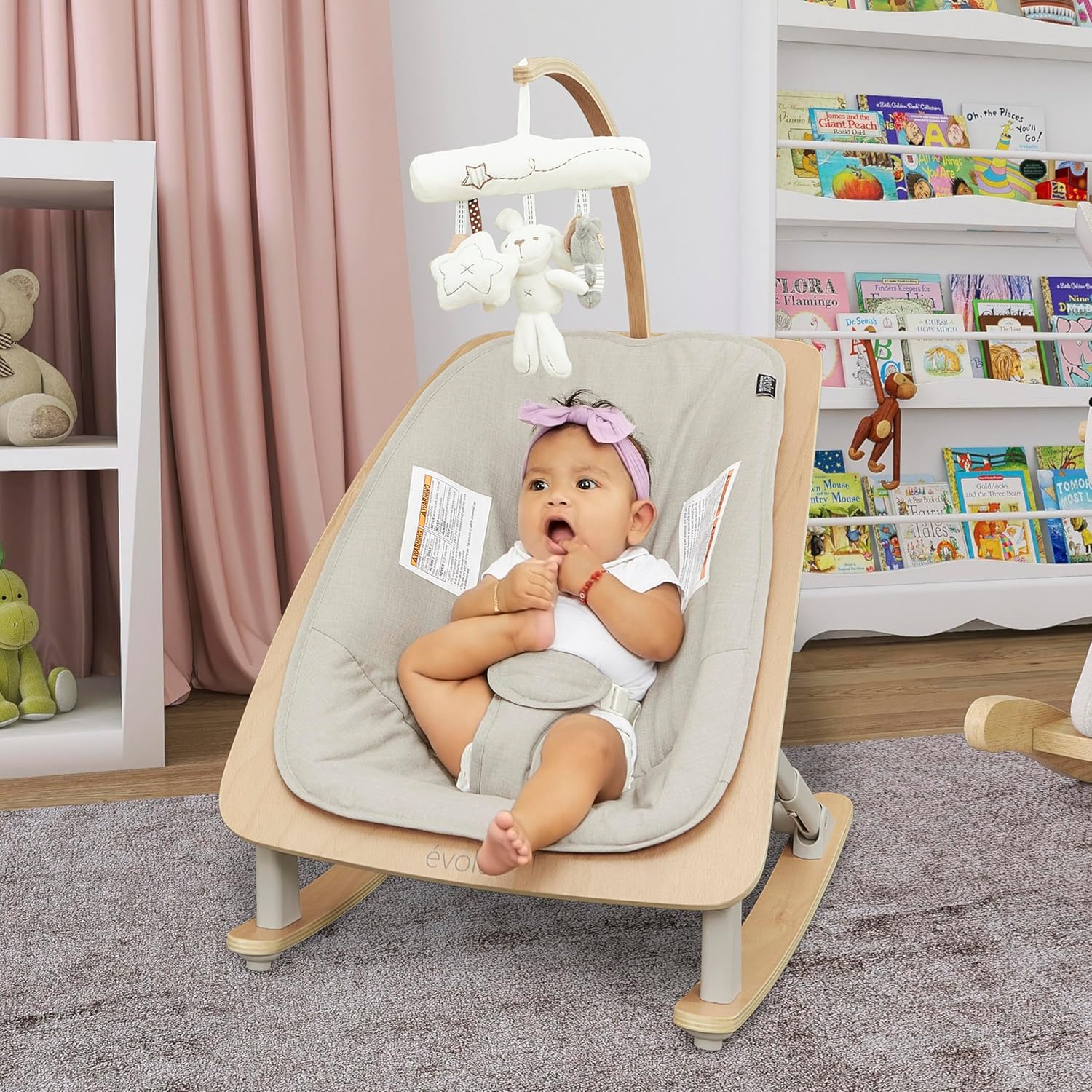 Evolur Tory 2-in-1 Baby Bouncer Rocker Chair, Portable Easy Folding Adjustable Bouncer, No Assembly, One-Hand Fold Newborn Bouncer, 3 Recline Levels, Removable Wooden Toy Bar - Light Gray