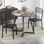 VECELO Small Round Dining Table Set for 2, Wood Tabletop with Strong Metal Frame, Modern Dinette with Chairs for Kitchen, Breakfast Nook Living Room, Faux Marbled & Grey