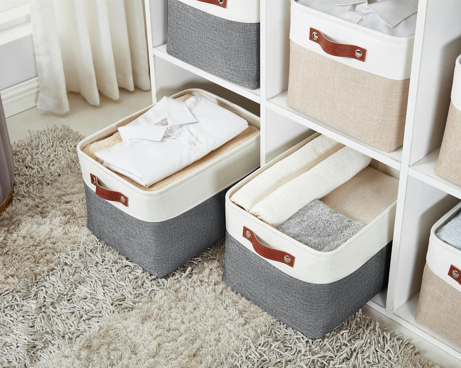 DECOMOMO Storage Baskets for Shelves - Fabric Storage Bins, Linen Closet Organizers and Storage (Slate Grey & White, Large - 4 Pack)