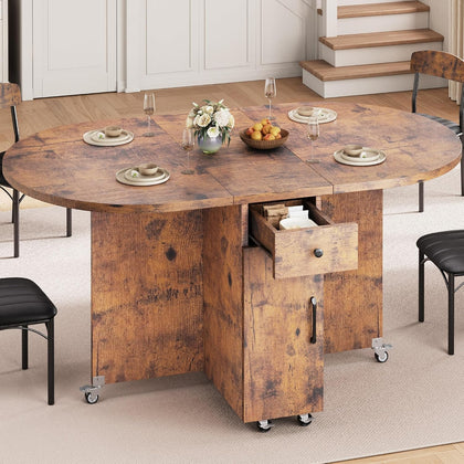 Jocoevol Round Folding Dining Table for 4, Space Saving Drop Leaf Kitchen Table with Storage Drawer, 6 Wheels Oval Gateleg Foldable Dining Table for Small Spaces(Vintage 47 * 23.6 * 30)