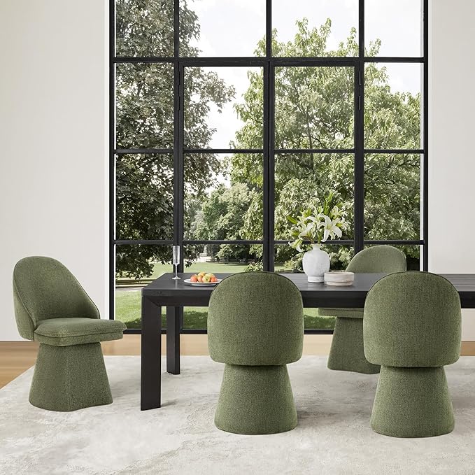 Swivel Dining Chairs Set of 4, Upholstered Mid Century Modern Deskchair with Round Back, Linen Fabric Kitchen Chairs for Dining Room, Bedroom, Dressing Room, Green