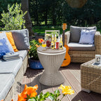 Giantex Outdoor Ice Cooler Side Table with Adjustable Height, 8 Gal Beverage Bucket with Drain Plug, Rattan Patio Bar Table for Poolside, Deck, BBQ & Backyard Parties