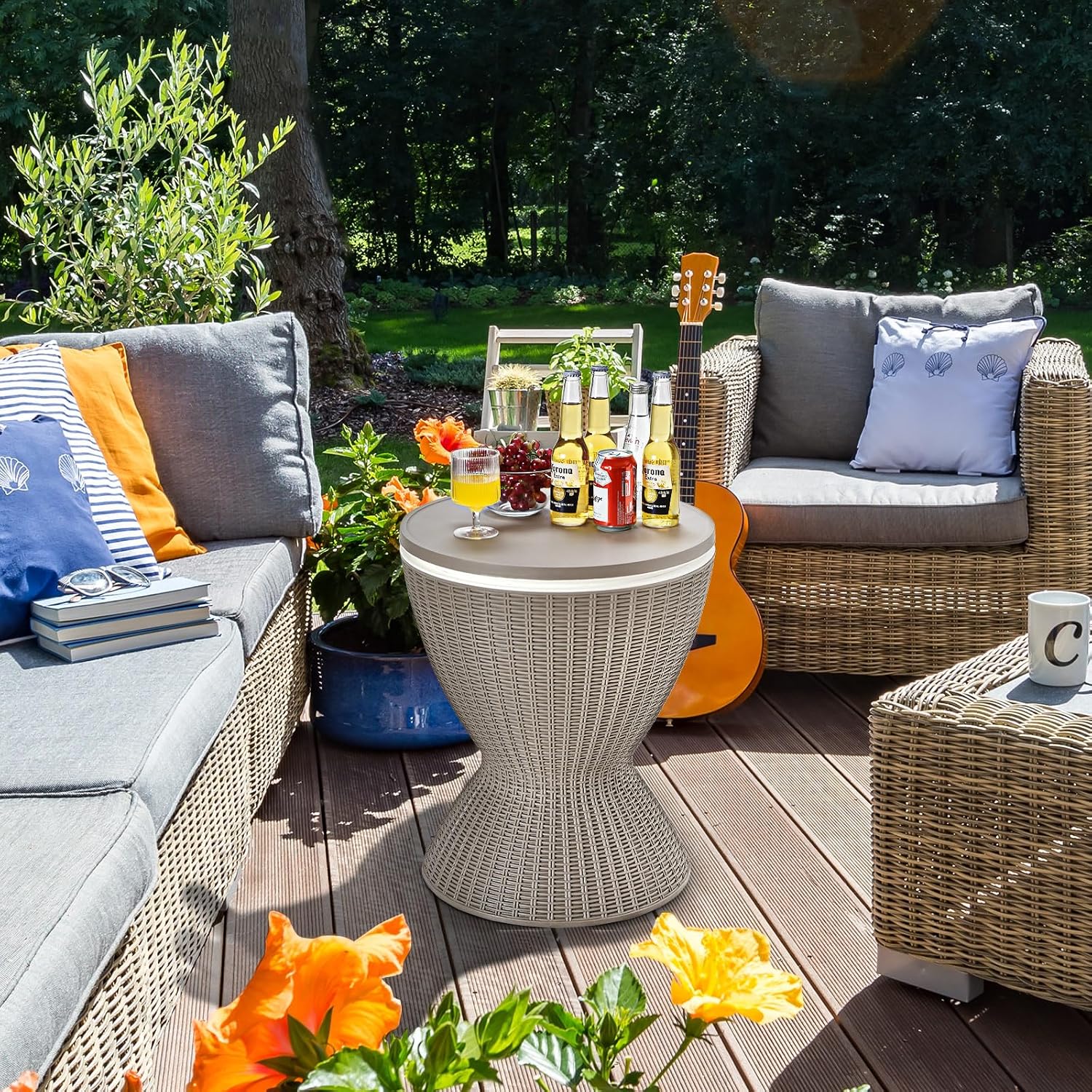 Giantex Outdoor Ice Cooler Side Table with Adjustable Height, 8 Gal Beverage Bucket with Drain Plug, Rattan Patio Bar Table for Poolside, Deck, BBQ & Backyard Parties