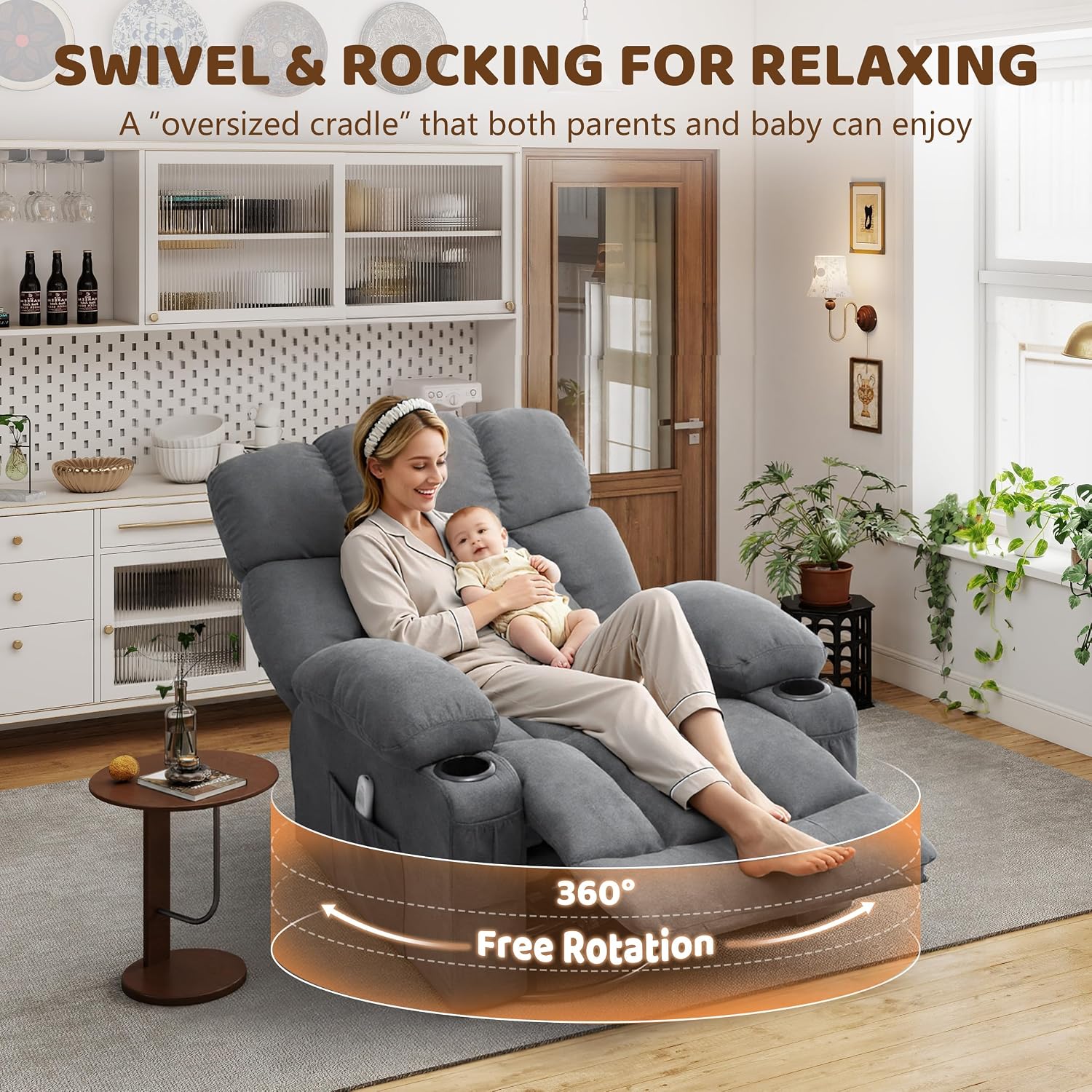 Oversized 360° Swivel Massage Rocker Recliner Chair, Massage & Heat, Grey | Vibration Massage, USB Charge Port, 4 Pockets 2 Cup Holders, Comfy Rocking Recliners for Living Room & Bedroom, Reading Chair