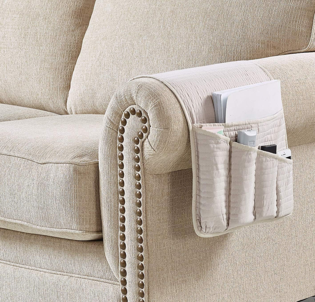Brilliant Sunshine Premium Beige Sofa Armrest 5 Pockets Organizer, Couch Recliner Chair Caddy, 1/2" Channel Quilted, Washable Remote Controls Holder, Storage for Magazine, Tablet, 35×13", Light Beige