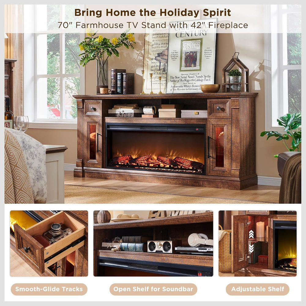 OKD 70" Farmhouse Fireplace TV Stand for TVs Up to 80", Reclaimed B...