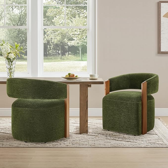 Upholstered Dining Chairs with Casters, Modern Barrel Side Armchair with Rollers & Wooden Armrest for Dining Room, Bedroom, Kitchen, Reading Room, Green, Set of 2