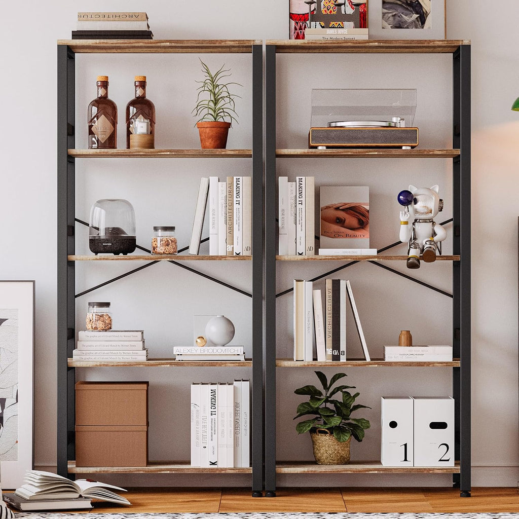 IRONCK Bookshelves and Bookcases, 31.5in Wide Shelf 5-Tier Ladder Shelf 110lbs/shelf Vintage Industrial Style Bookcase for Bedroom Living Room Home, Rustics Brown